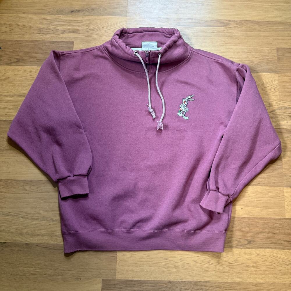 Vintage 90's Bugs Bunny Looney Tunes Pullover 1/4 Zip Purple Sweatshirt Sz Large